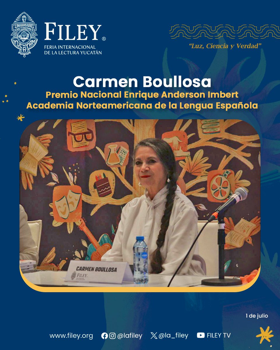 lafiley (@la_filey) on Twitter photo La FILEY celebra a Carmen Boullosa <a href="/carmenboullosa/">Carmen Boullosa</a> por haber sido distinguida con el Premio Nacional “Enrique Anderson Imbert” en su edición 2025, otorgado por la Academia Norteamericana de la Lengua Española (ANLE). ¡Enhorabuena! La FILEY celebra a Carmen Boullosa <a href="/carmenboullosa/">Carmen Boullosa</a> por haber sido distinguida con el Premio Nacional “Enrique Anderson Imbert” en su edición 2025, otorgado por la Academia Norteamericana de la Lengua Española (ANLE). ¡Enhorabuena!