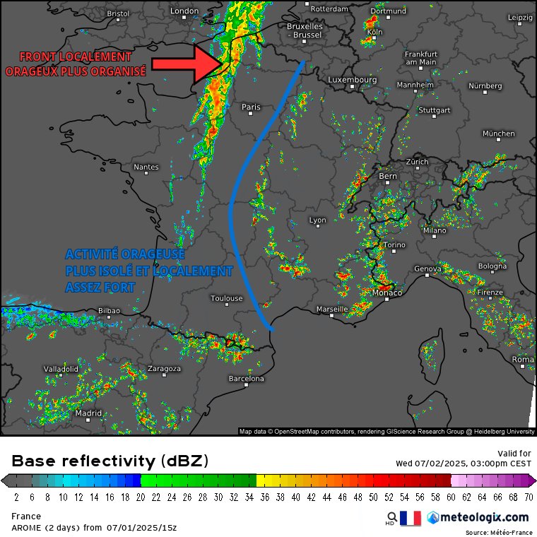 Demain, le risque orageux sera présent dans un premier temps du nord du Centre Val de Loire aux Hauts-de-France en passant par la Haute Normandie avec un front qui apportera des averses localement orageuses (plutôt faible à modérés) et se décalera ensuite vers l'intérieur des