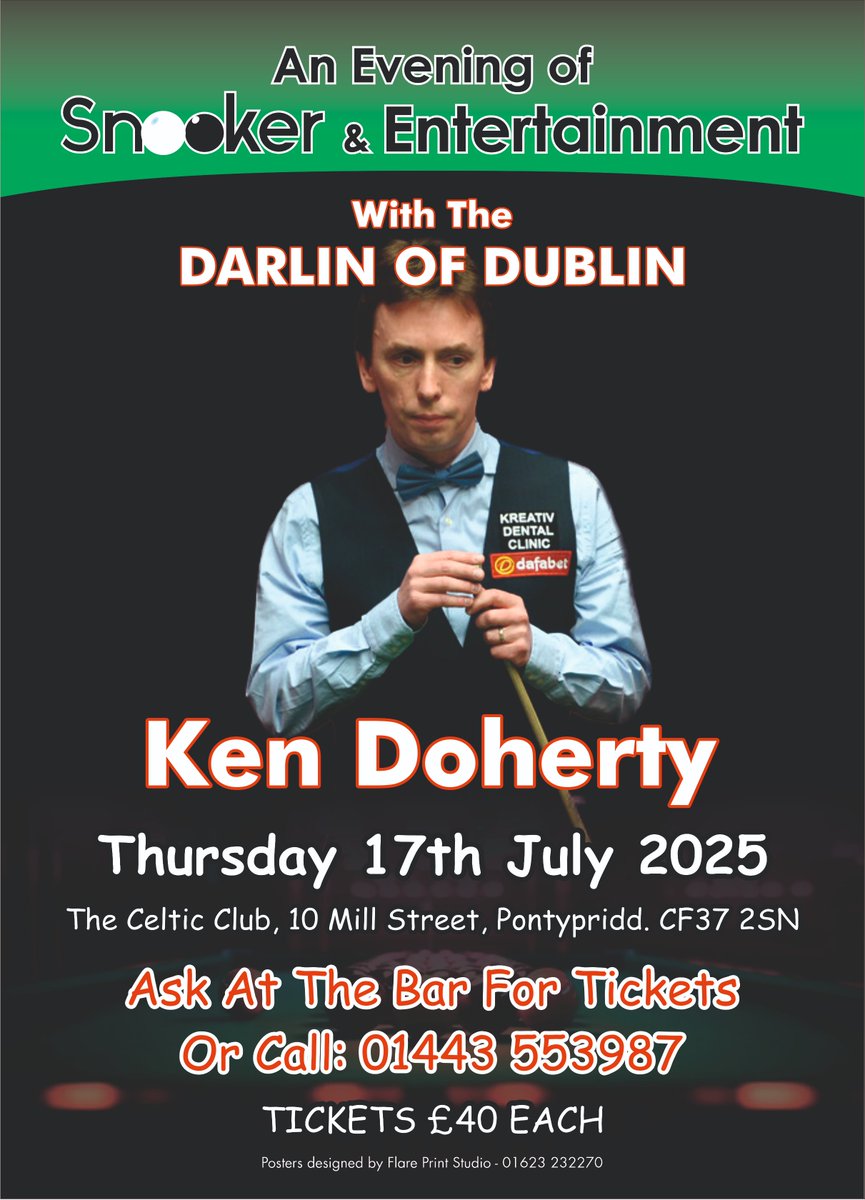 Great night coming up at The Celtic Club, Pontypridd, on the 17th with <a href="/kendoherty1997/">Ken Doherty Official</a>.
Details 👇 to buy tickets.
