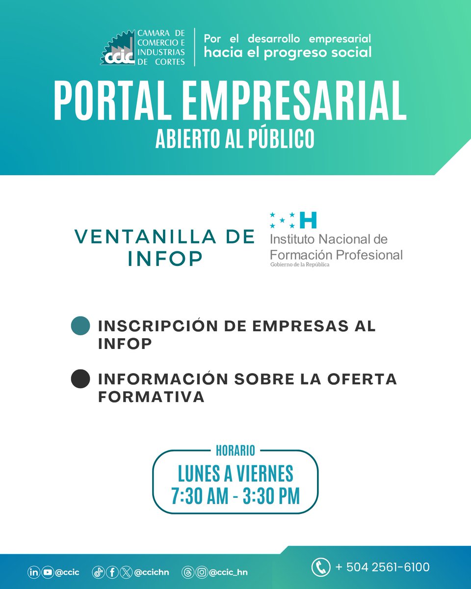 CCIC (@ccichn) on Twitter photo La Ventanilla de INFOP en la #CCIC está disponible para brindarte atención directa y resolver tus trámites de forma ágil y personalizada.
Visita el Portal Empresarial y recibí el acompañamiento que necesitas.
#Ventanilla #PortalEmpresarial #INFOP La Ventanilla de INFOP en la #CCIC está disponible para brindarte atención directa y resolver tus trámites de forma ágil y personalizada.
Visita el Portal Empresarial y recibí el acompañamiento que necesitas.
#Ventanilla #PortalEmpresarial #INFOP