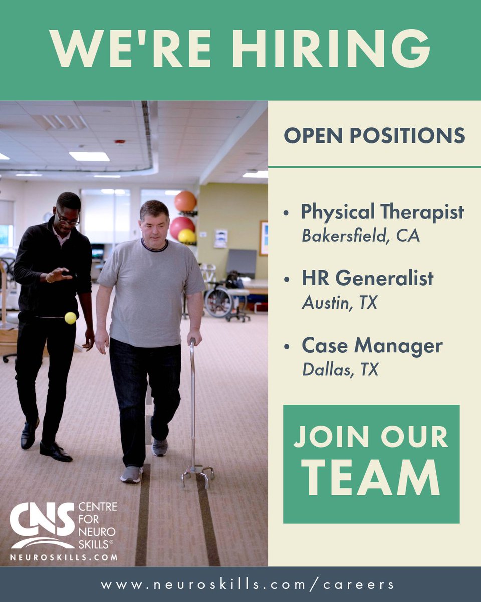 We're hiring! We offer competitive compensation, comprehensive benefits and a low patient to caregiver ratio!

Visit our Career Center and apply today:
neuroskills.com/careers/

#NeuroSkills #Hiring #BrainInjury #Therapy