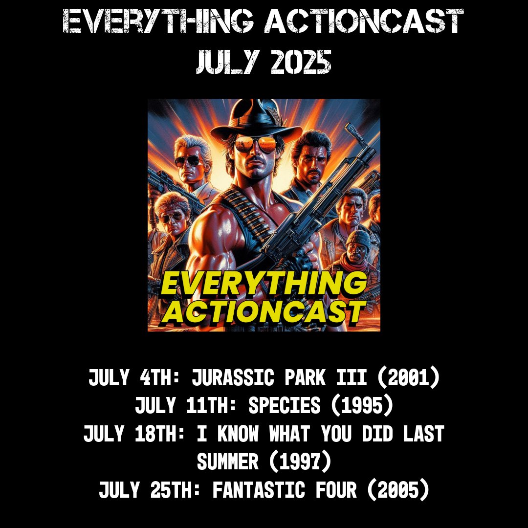 evaction's tweet image. Here's what we're discussing this month on the Everything Actioncast #podcast. If you want to join the action as a guest host, send us a direct message on social media or e-mail contact@everythingaction.com. #JurassicParkIII #Species #IKnowWhatYouDidLastSummer #FantasticFour