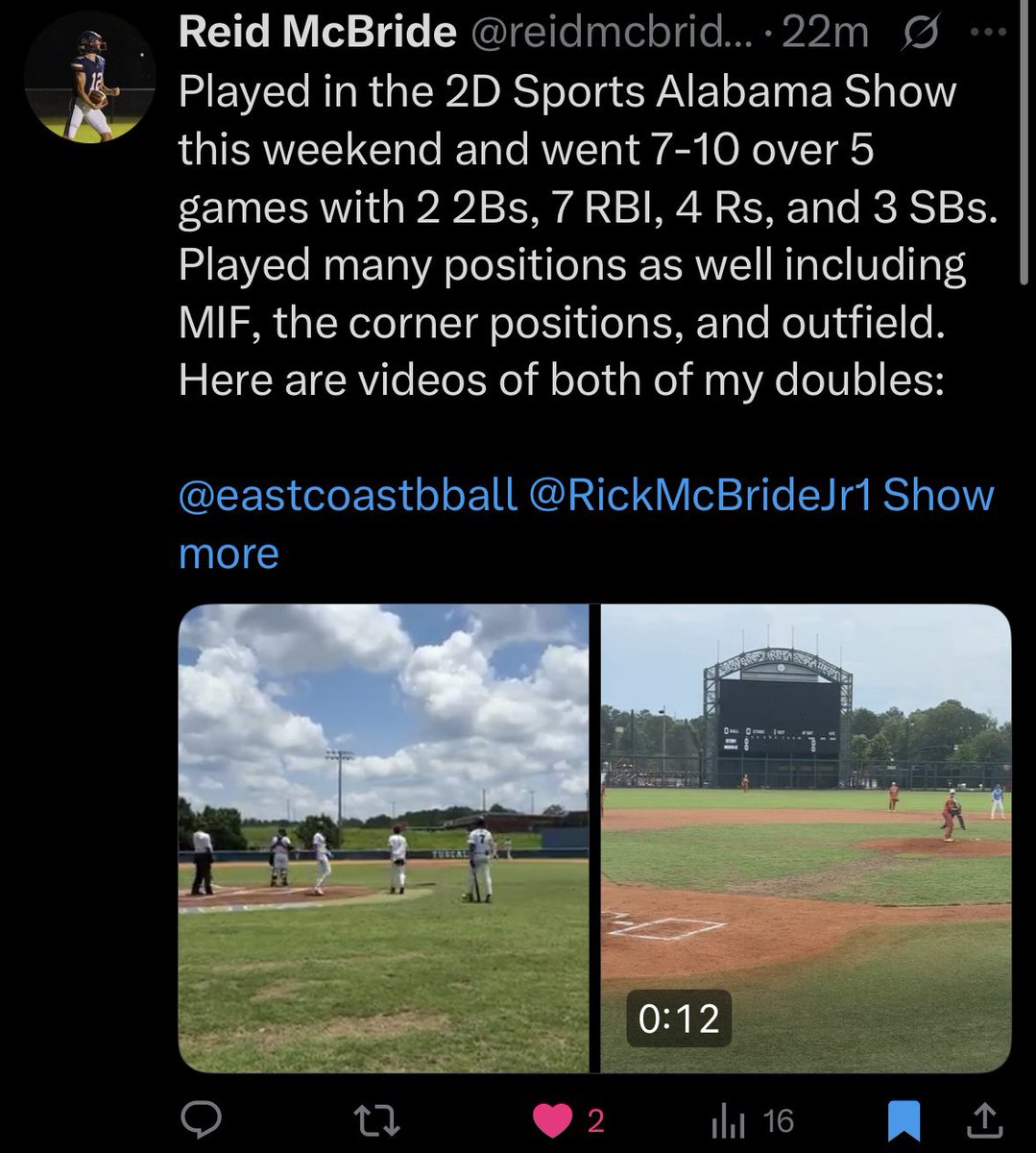 RickMcBrideJr1's tweet image. Good stuff from ‘28 SS/OF/P Reid McBride (6’2”, 175, Montgomery, AL). He’s slashing .458 / .567 / 1.317 this summer w/ 2 HRs and has topped 85 mph on the bump and 97.9 mph off the bat. Go to @reidmcbride12 to check him out.