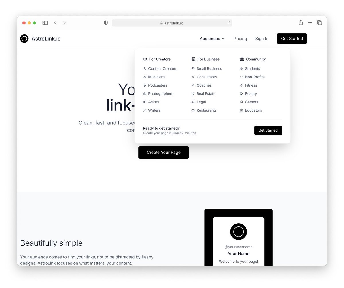 jakemapletree's tweet image. Added audience examples to astrolink.io to show we understand, not because they need different features. 

Same clean experience for everyone.