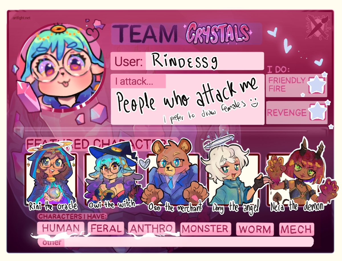 I will add everyone to MY ART FIGHT! 
artfight.net/~rindessg

Comment me your AF! I want frens there nwn
#artfight2025 #Artfightteamcrystals