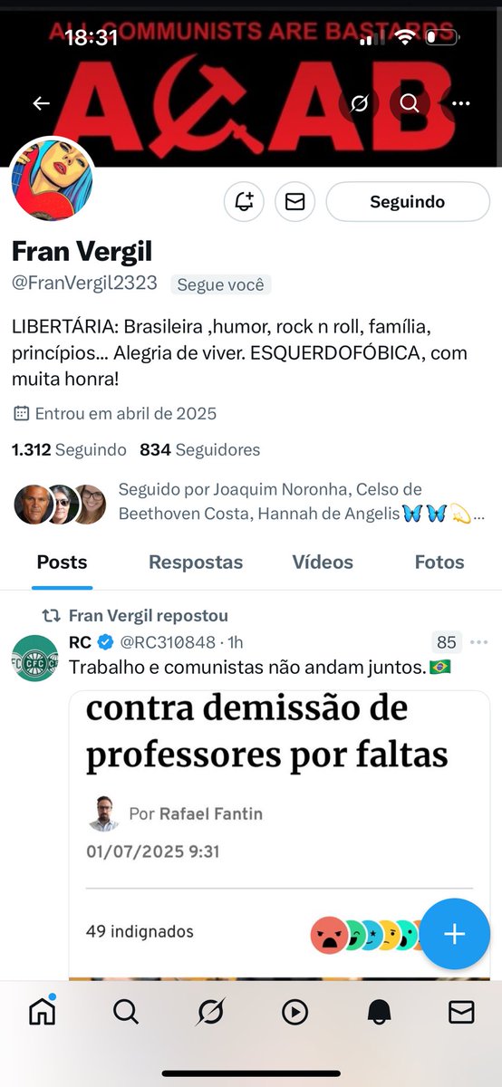 SUPER DESAFIO: Fazer <a href="/FranVergil2323/">Fran Virgil</a> chegar a 900 seguidores ainda hoje ! Vamos nessa , meu povo patriota querido?💪💪🇧🇷🇧🇷🤝🤝ABSOLUTA CERTEZA QUE FRAN SEGUIRÁ DE VOLTA TODOS OS PATRIOTAS QUE IRÃO SEGUI-LA , ESTOU CERTO FRAN?