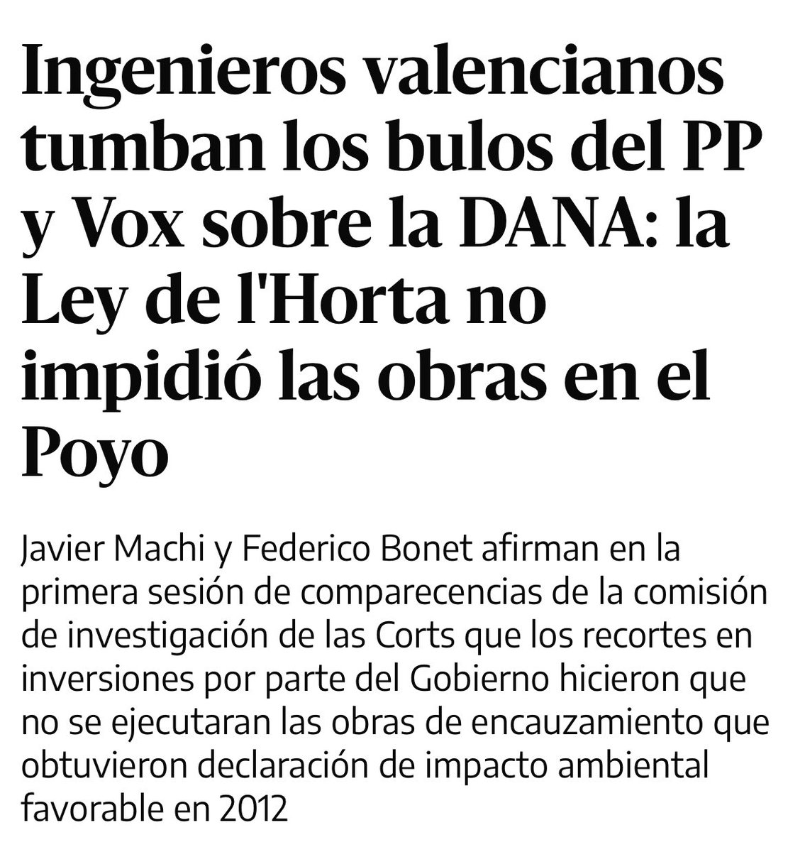 Hem hagut de suportar les mentides de PP i Vox: No era la Llei de l’Horta la que impedia les obres, sinó l’austericidi i la manca d’inversió.
I per això el TC ha admés a tràmit el recurs de <a href="/compromis/">Compromís</a> contra la modificació, que obri la porta a més formigó.
eldiario.es/comunitat-vale…
