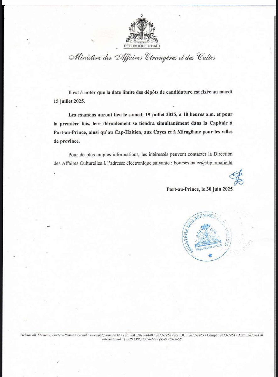 Le Ministère des Affaires Étrangères et des Cultes informe que le Royaume du Maroc accorde soixante bourses aux jeunes Haïtiens pour l’année académique 2025-2026. Les candidatures sont ouvertes jusqu’au 15 juillet 2025.