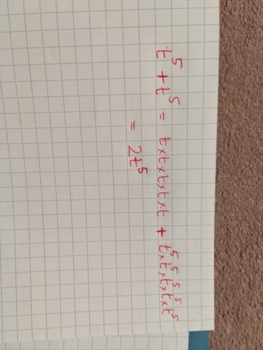 mathsology_'s tweet photo. Hello fellow teachers. Please look at this. 
I would like to ask for your opinion on this. It's an attempt to explain why the answer is 2t^5 and not t^10

Please say whatever comes to your mind. 

@TLMaths @TessMath @mathsjem @Kit_Yates_Maths https://t.co/5AYdH4fvKR