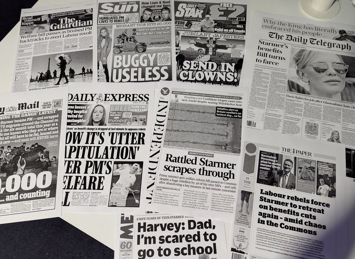 Here are the front pages I'll be reviewing on <a href="/GBNEWS/">GB News</a> after 11. I'll be solving the welfare reform problem. Or at least doing better at it than the Government managed. 🗞️