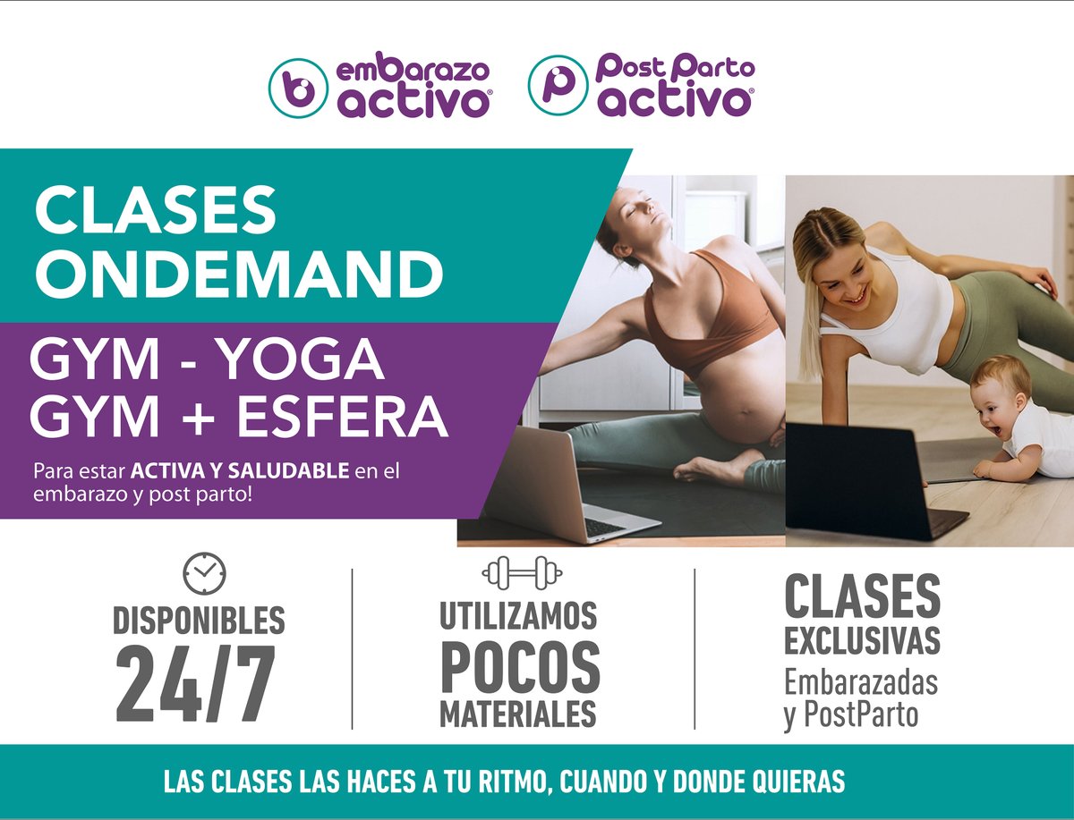Actívate en el #Embarazo y #PostParto!
Comienza en cualquier momento del mes
+ de 5️⃣0️⃣ CLASES + CHARLAS para estar ACTIVA, SALUDABLE &amp; INFORMADA
➡️ Clases ONDEMAND (a demanda) 24/7
▫️ Gym
▫️ Yoga
▫️ Gym + Esferas
➡️ CHARLAS ondemand 
➡️ Clases Especiales para últimas semanas