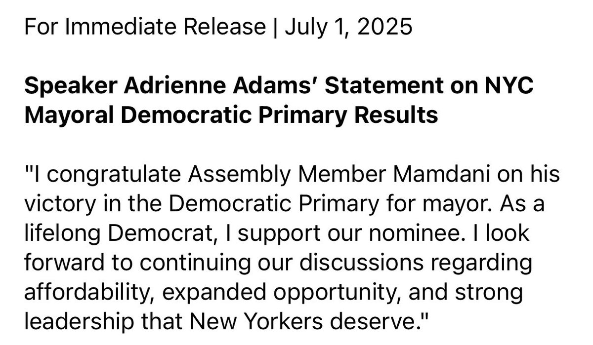 AdrienneEAdams's tweet image. I congratulate @ZohranKMamdani on his victory in the Democratic Primary for mayor. As a lifelong Democrat, I support our nominee.