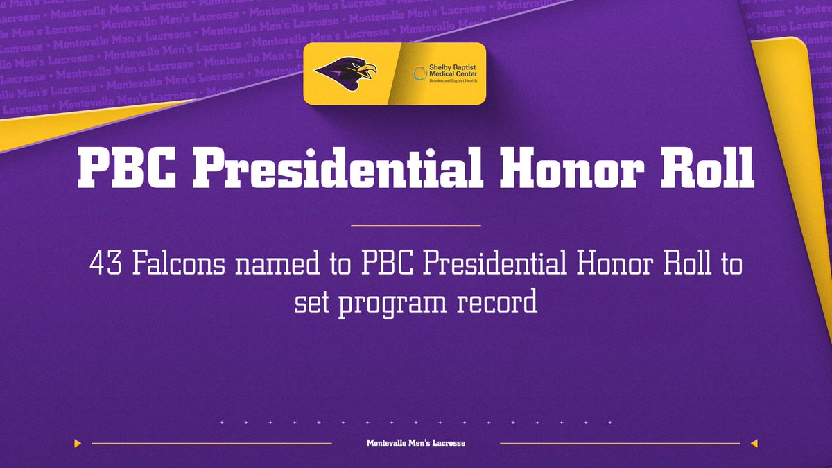Montevallo Falcons (@umfalcons) on Twitter photo HONOR ROLL 📝
43 Falcons named to the <a href="/PeachBelt/">Peach Belt</a> Presidential Honor for the most selections in
<a href="/Montevallo_MLax/">Montevallo Men's Lacrosse.</a> history 👀
📰 tinyurl.com/26sjhod4
#TogetherWeRise HONOR ROLL 📝
43 Falcons named to the <a href="/PeachBelt/">Peach Belt</a> Presidential Honor for the most selections in
<a href="/Montevallo_MLax/">Montevallo Men's Lacrosse.</a> history 👀
📰 tinyurl.com/26sjhod4
#TogetherWeRise