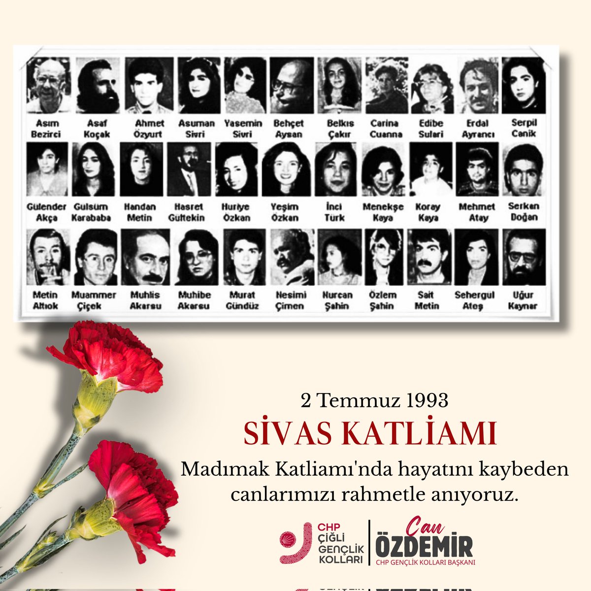 2 Temmuz 1993'te Madımak’ta yalnızca insanlar değil, bir halkın sözü, türküsü yakıldı.
Adalet hâlâ yerini bulmadı.
Unutmadık, unutturmayacağız.
#SivasKatliamı #Madımak #Unutmadık #Adaletİstiyoruz