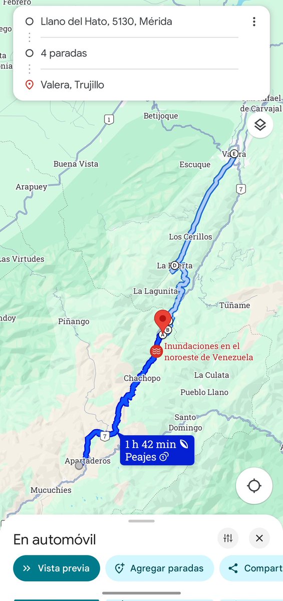 mcampogonzalez's tweet photo. Para quienes necesitan salir de los páramos de Mérida, ésta es la ruta que hicimos desde Llano del Hato hacia Valera, Trujillo:

https://t.co/h6pvKlcaba

Espero sea de ayuda, consideramos que fue la vía más segura en estos momentos de emergencia, pero atentos a lo siguiente ⬇️: https://t.co/6qz8IpcmTp
