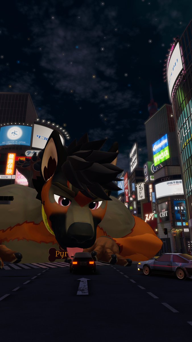 Here it is: Pyre's macro debut and he's not wasting anytime making this city his playground. 

#VRCFurry #macrofurry #paws