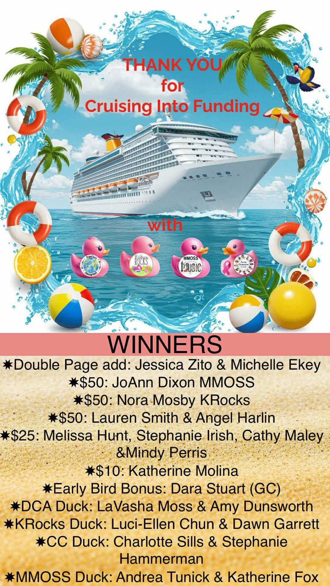 🛳️ Congratulations winners from our #CruiseIntoFunding! 💦

🦆 Please contact any of the pages with a link to claim your prize! Page add ($225 pre-match)