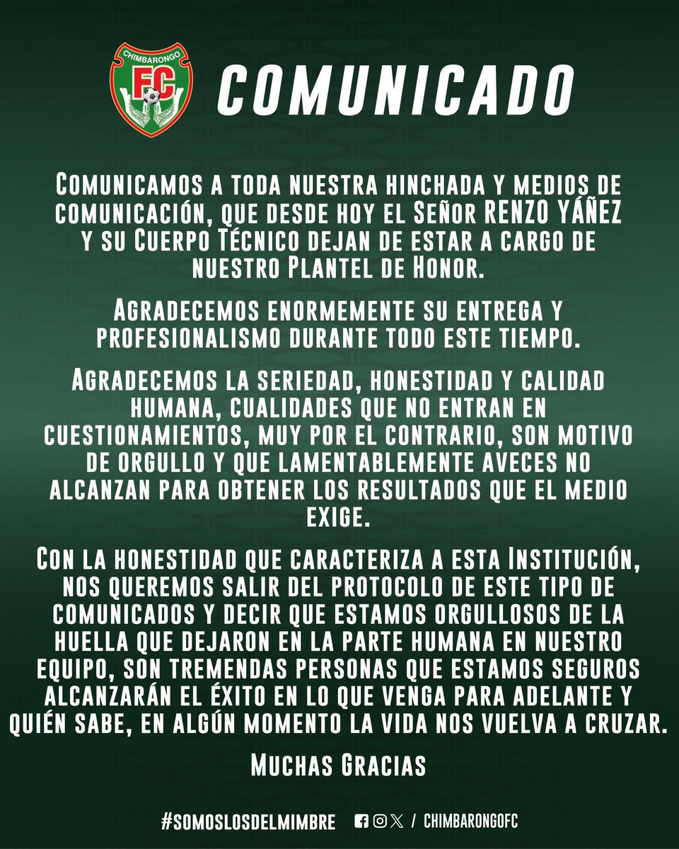 A toda nuestra hinchada enviamos el siguiente comunicado. Deseamos todo el éxito a Renzo Yáñez y su equipo de trabajo.
En las próximas horas estaremos comunicando quien se hará cargo de nuestro Plantel de honor.

#LosDelMimbre