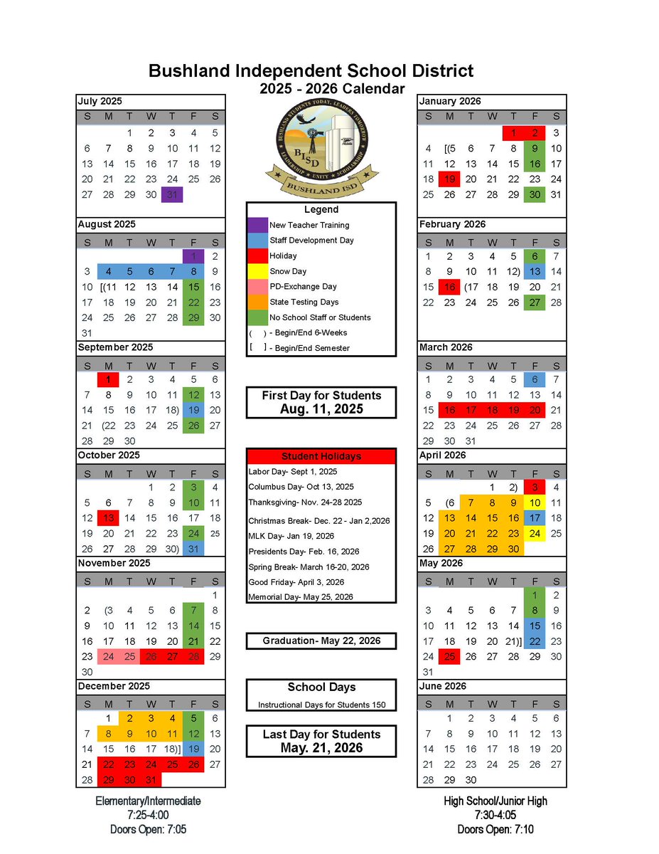 ⚫️ Elementary/Intermediate School
Start: 7:25-4:00 Dismissal
Doors/Cafeteria will open at 7:05
🟡 Junior High/ High School
Start: 7:30-4:05 Dismissal
Doors/Cafeteria will open at 7:10
📍 Registration: bushlandisd.net/375991_2