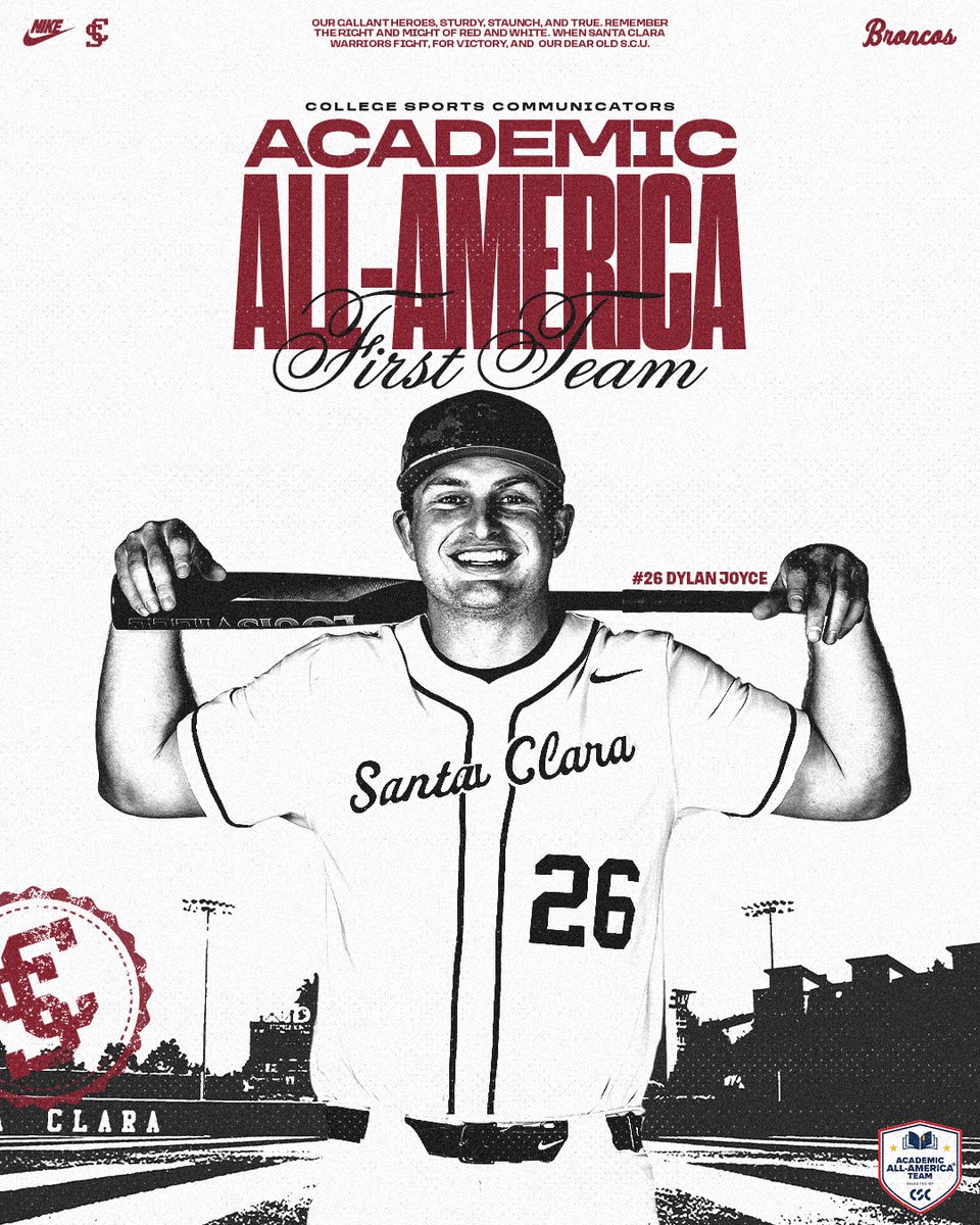 SCU_Baseball's tweet image. 𝗢𝗻𝗹𝘆 𝘁𝗵𝗲 𝐄𝐋𝐈𝐓𝐄

Dylan Joyce is a 2025 Division I Baseball First Team Academic All-American

Only 🔟 other student-athletes can say that

Read all about it here ➡️ santaclarabroncos.com/news/2025/7/1/…

#StampedeTogether | @AcadAllAmerica