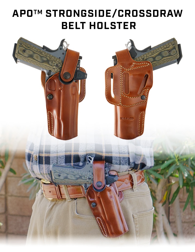 APO STRONGSIDE/CROSSDRAW BELT HOLSTER

A close cousin of our popular DAO™ and SAO™ holsters, the Auto Pistol Outdoorsman (APO™) Belt Holster is the superior choice for carrying a semiautomatic pistol in the great outdoors.

Available in black or tan. l8r.it/tUVt