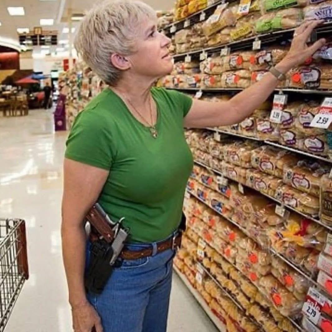 cherylbeantx's tweet photo. The most threatening thing I see in this photo is that bread is almost $3 a loaf. Lol I will always fight to protect the 2nd Amendment and prevent “red flag” laws from being passed! #OpenCarry #ConcealCarry #PackingHeat #DontMessWithGrandma https://t.co/KFZEQw4pby