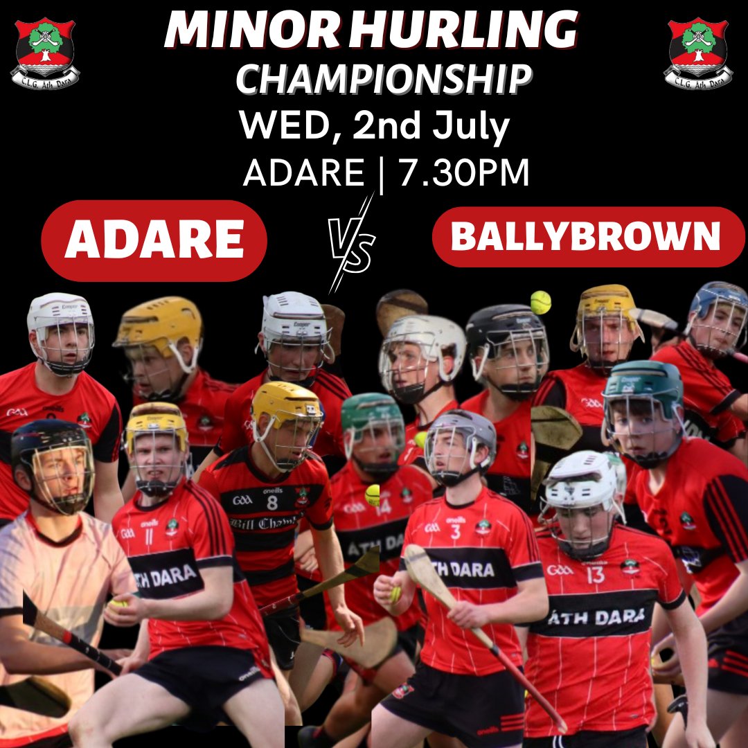 AdareGAA's tweet image. The very best of luck to our Minor Hurlers who commence their championship tomorrow evening at the GAA pitch.
🆚️ Ballybrown
📅 Wed, 2nd July
🕐 7.30pm
📍 Adare
Come out and support the lads if you can, they'd really appreciate it.
Àth Dara Abú🔴⚫️