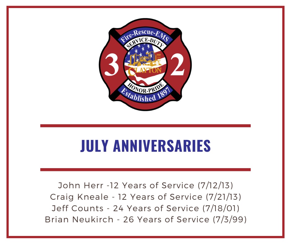 The CFD would like to acknowledge the following individuals for their anniversaries in service to the community in July.

John Herr -12 Years
Craig Kneale - 12 Years
Jeff Counts - 24 Years  
Brian Neukirch - 26 Years 

Thank you for your service.
#CFDlivethemission
