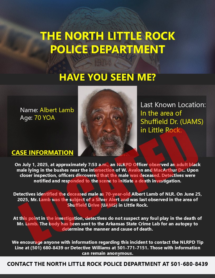 NLRPD's tweet image. **Subject of Silver Alert Located & Death Investigation Initiated**
On July 1, 2025, at approximately 7:53 a.m., an NLRPD Officer observed an adult black male lying in the bushes near the intersection of W. Avalon and MacArthur Dr.. Upon closer inspection, officers discovered…