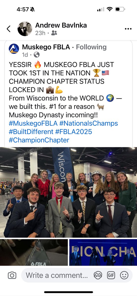 Andrew Bavlnka (@mhsbavlnka) on Twitter photo So proud of our <a href="/MuskegoFBLA/">Muskego FBLA</a> crew for the great work that their chapter did this past year. Incredible. So proud of our <a href="/MuskegoFBLA/">Muskego FBLA</a> crew for the great work that their chapter did this past year. Incredible.