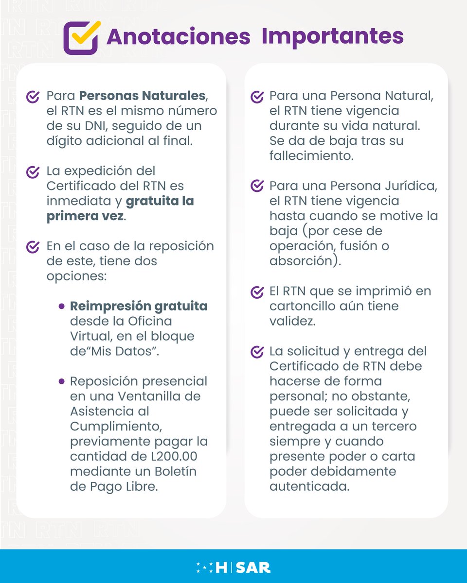 📄 El RTN es indispensable para realizar trámites fiscales y comerciales.

Conocer su uso, vigencia y formas de reposición le permitirá evitar contratiempos.

📌Deslice y acceda a la información que necesita para cumplir con sus obligaciones.