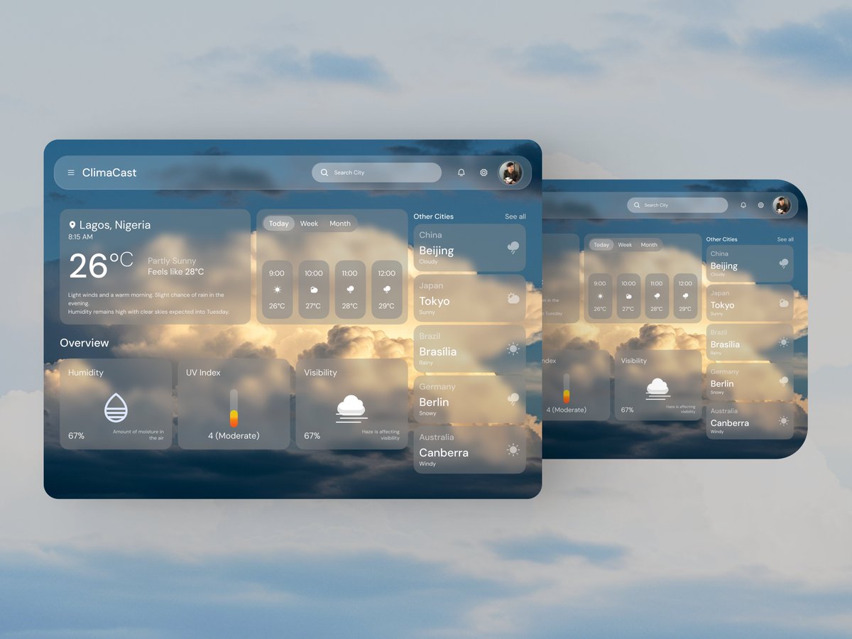 being_trix's tweet photo. Day 25 – Weather Dashboard UI 🌤️
Went with a glassmorphic style for that smooth, light aesthetic.
✅ Widget-based layout
✅ Icons for quick info
✅ Feels airy, looks modern
Tiny details, big vibe.
#DailyUI #UIUXDesign #WeatherApp #Glassmorphism #FigmaDesign #figma https://t.co/rX9SOeFqLl