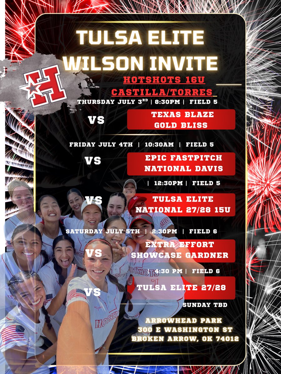 Bianca Galindo (@bianca__galindo) on Twitter photo 🎇 TULSA ELITE WILSON INVITE 🎇 Schedule release! Can't wait to hit the fields and fire it up! Come check us out or follow along on GC or AGL! LET'S GO! #BANGBANG #HOTSHOTNATION
<a href="/Hotshots16u/">Hotshots Premier Torres Castilla 16U</a>
<a href="/MVP_512/">Joe Torres</a>
<a href="/castillaJaime5/">Jaime Castilla</a>
<a href="/CoastRecruits/">Coast 2 Coast Recruits</a>
<a href="/ElginSoftball/">Elgin Softball</a> 🎇 TULSA ELITE WILSON INVITE 🎇 Schedule release! Can't wait to hit the fields and fire it up! Come check us out or follow along on GC or AGL! LET'S GO! #BANGBANG #HOTSHOTNATION
<a href="/Hotshots16u/">Hotshots Premier Torres Castilla 16U</a>
<a href="/MVP_512/">Joe Torres</a>
<a href="/castillaJaime5/">Jaime Castilla</a>
<a href="/CoastRecruits/">Coast 2 Coast Recruits</a>
<a href="/ElginSoftball/">Elgin Softball</a>