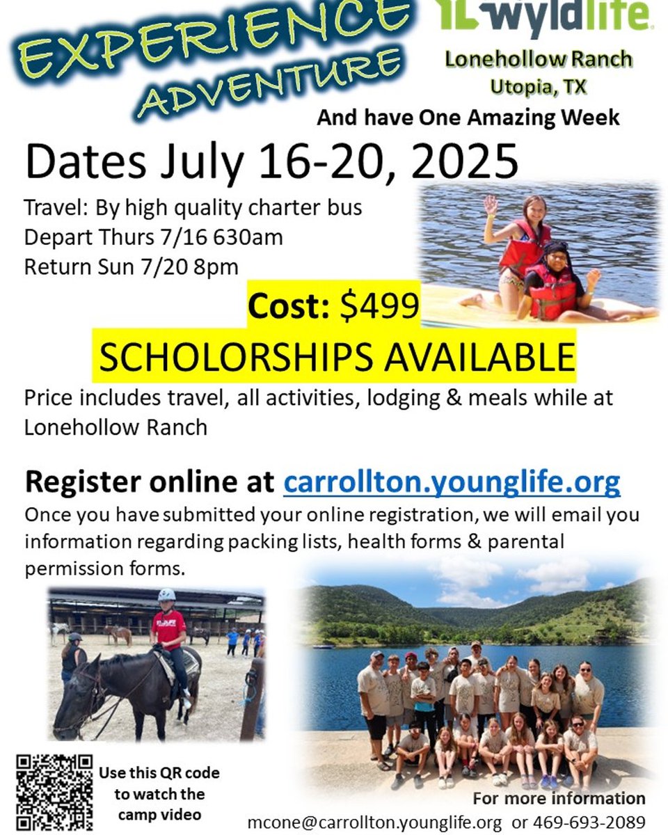 🚨Wyldlife Camp is July 16-20! If you just finished 6th, 7th, or 8th grade, this week is for YOU! 🙌
💥 Jaw-dropping scholarships available
🚌 We want every seat on the bus filled — and we want YOU in one of them!
👯‍♀️ Only 15 spots left — grab your friends and register today!❤️🦅