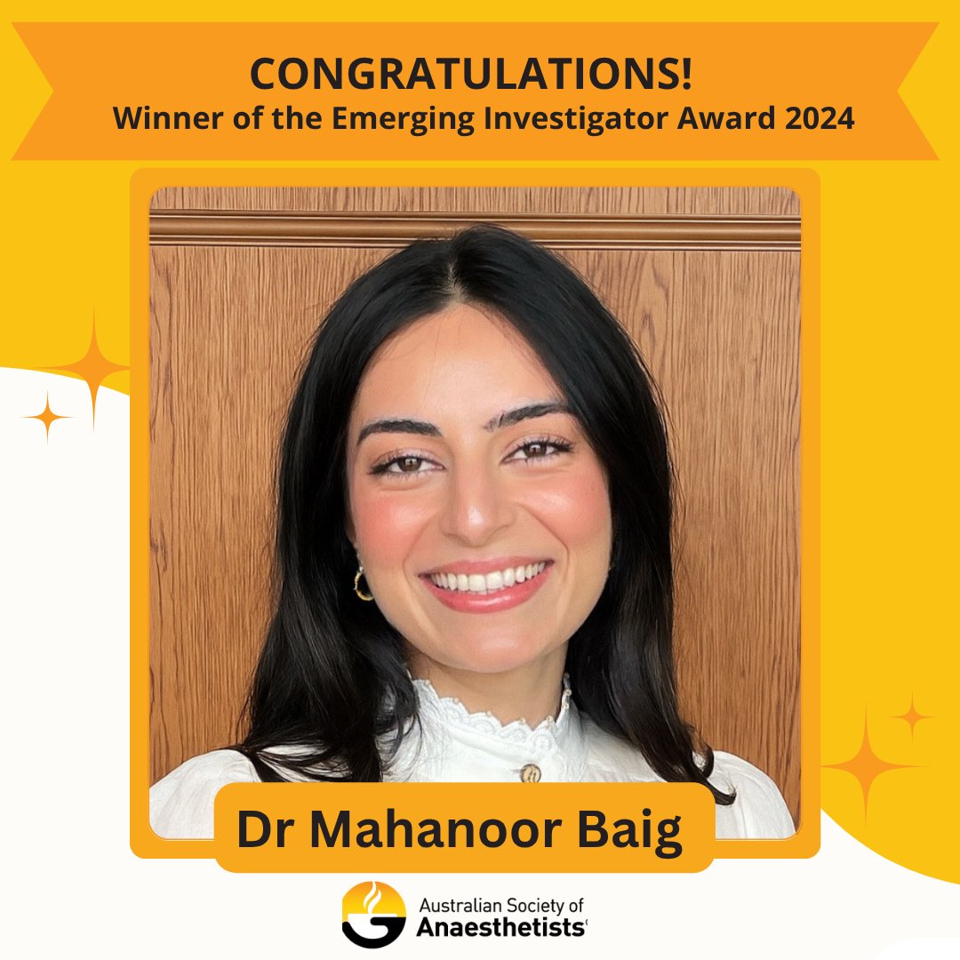The Australian Society of Anaesthetists (@asa_australia) on Twitter photo We’re delighted to announce Dr. Mahanoor Baig as the winner of the Emerging Investigator Award 2024 for her paper on Basophil activation test in the diagnostic workup of perioperative anaphylaxis due to neuromuscular blocking agents.
🎉 Congratulations Dr. Mahanoor Baig 🎉 We’re delighted to announce Dr. Mahanoor Baig as the winner of the Emerging Investigator Award 2024 for her paper on Basophil activation test in the diagnostic workup of perioperative anaphylaxis due to neuromuscular blocking agents.
🎉 Congratulations Dr. Mahanoor Baig 🎉