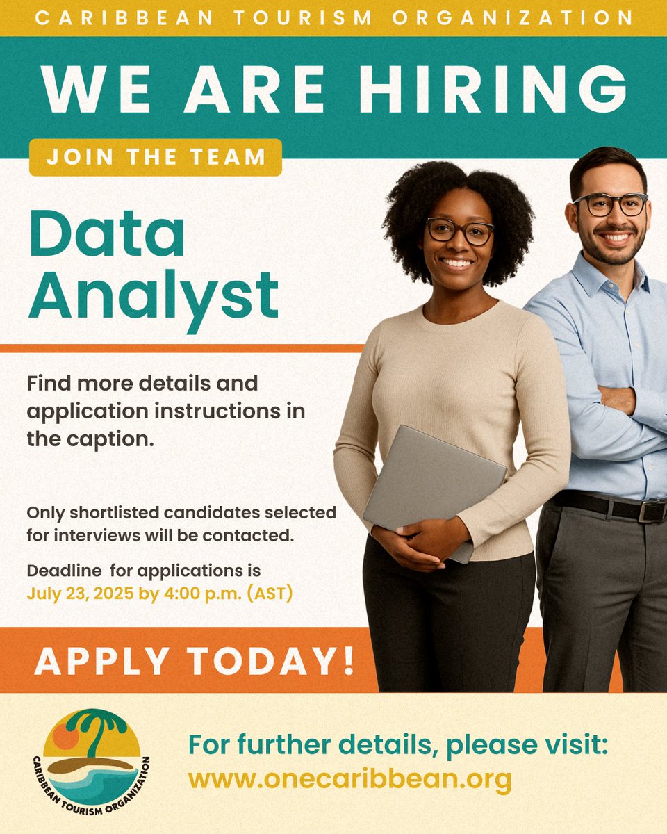 The Caribbean Tourism Organization (CTO) is hiring!

We’re looking for a skilled Data Analyst to join our Research Department and help shape a data-informed future for Caribbean tourism. If you have experience analyzing complex datasets, building dashboards, and supporting
