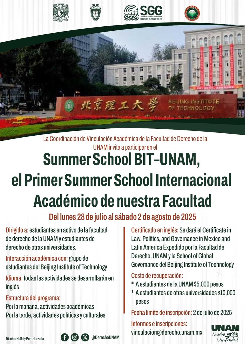 Participa en el BIT-UNAM, el primer Summer School Internacional de Académico de nuestra Facultad e interactúa con estudiantes del Beijing Institute of Technology, ampliamos la fecha de registro antes del 2 de julio

Informes e inscripciones: vinculacion@derecho.unam.mx