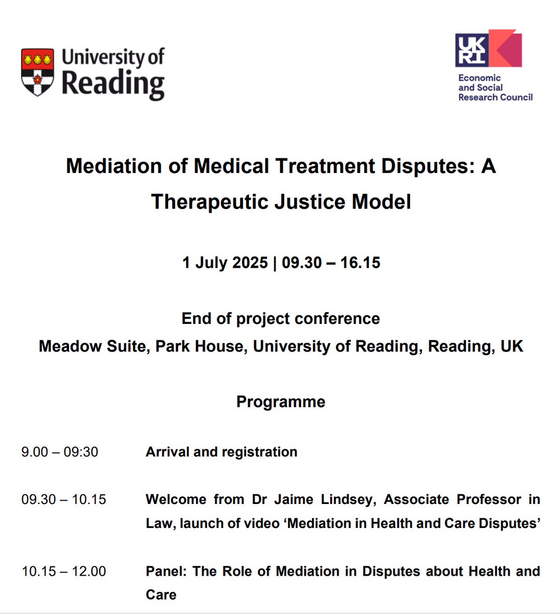 T_Callus's tweet image. Fascinating research led by Dr Jaime Lindsey  on medical mediation, with presentation on the important findings from her study, and insights from other experts in this area. A fantastic selection of papers and discussion at this end of study conference @UniRDG_Law @UniofReading