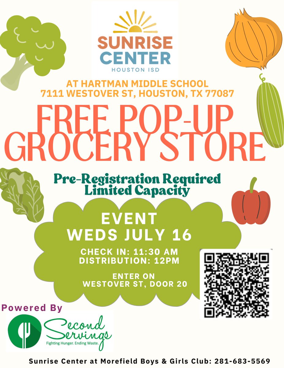 hartman_ms's tweet image. 🛒 FREE Pop-Up Grocery Store! HISD families, the Sunrise Center is hosting a free grocery event to support our community. 📍 Pre-registration is required-don’t miss out! Let’s make sure every student has what they need to thrive. 💙