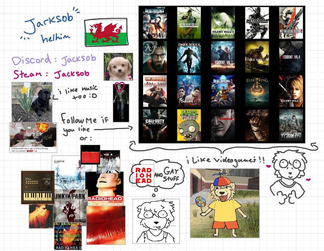 jarksob_'s tweet image. im also.. too stupid to use strawpage, so have this instead ! !
and introduction of me c:
rolls on the floor sobbing . .
stolen from @/realbagelcat
#silenthill #deadrising #metalgear #music