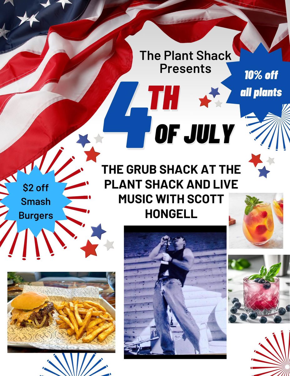 TheGrubShack_FL's tweet photo. 🎆Special Weekend Coming Up!🎆

For 4th of July, #TheGrubShack_ThePlantShack will be open for Lunch 11-2 PM and Dinner 5:30 - 9 PM.
🍔 $2 off all #SmashBurgers 
🌿 10% off all plants from #ThePlantShack
🎶 #LiveMusic at night 

But that’s not all, this #SundayBrunch we are running a special! 

Steak & Eggs Burrito - $14
Scrambled Eggs, Skirt Steak, Bacon, Cheese & Grub Sauce 

🍳SUNDAY ONLY from 10 - 2 PM

Weekly scheduled events will continue as usual! 

🪔Tuesday: Fundraiser Candle Workshop 
🎸Wednesday: Rock’N Bingo
🏆Thursday: Trivia
🎆Friday: Live Music, Burger Specials, Plant Specials 
🎶Saturday: Live Music 
🧇Sunday: Brunch & Mimosas, Burrito Special