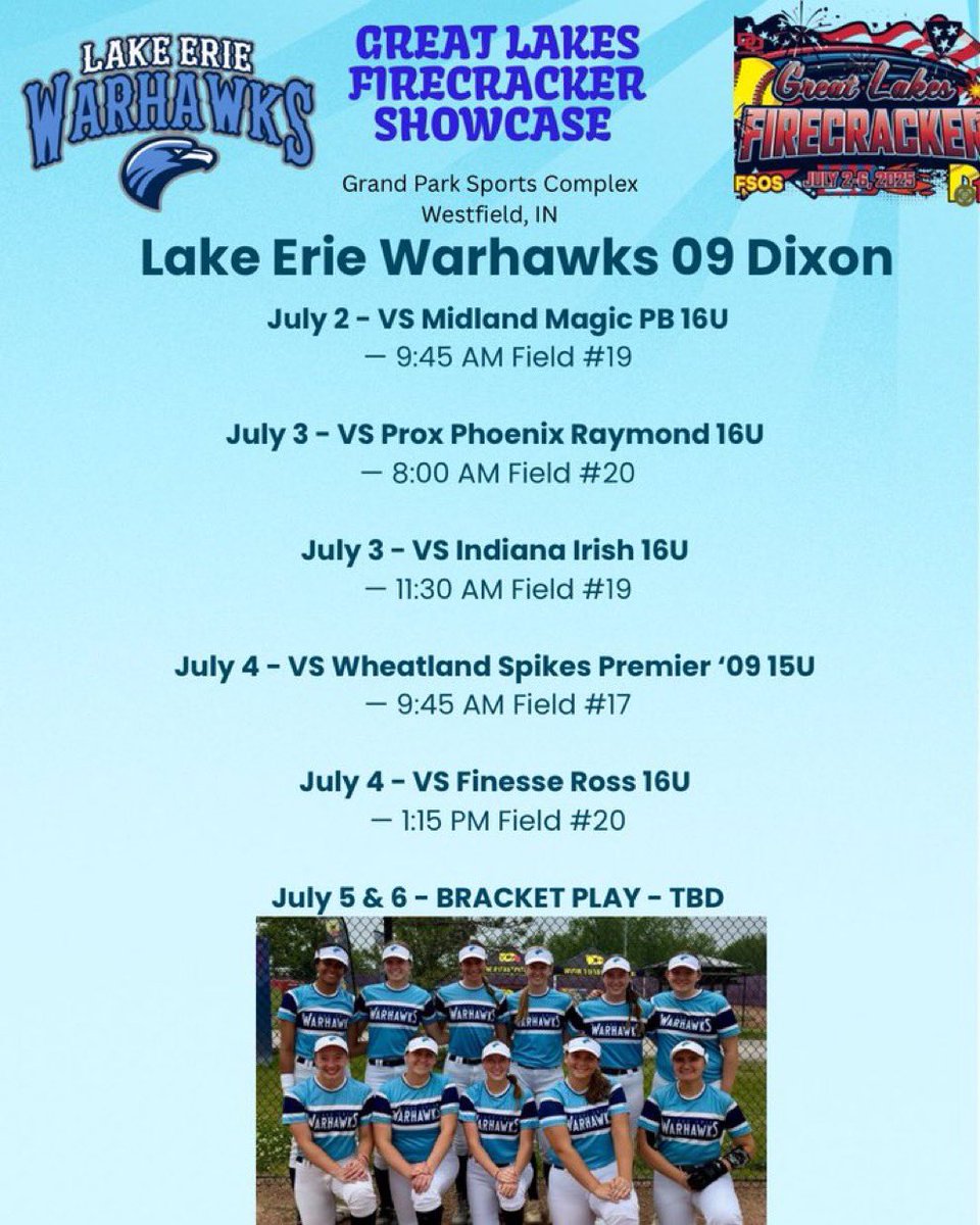 Here is my team’s schedule for this weekend at the Firecracker’s Showcase!! <a href="/Warhawks09Dixon/">Warhawks ‘09 - Dixon</a>