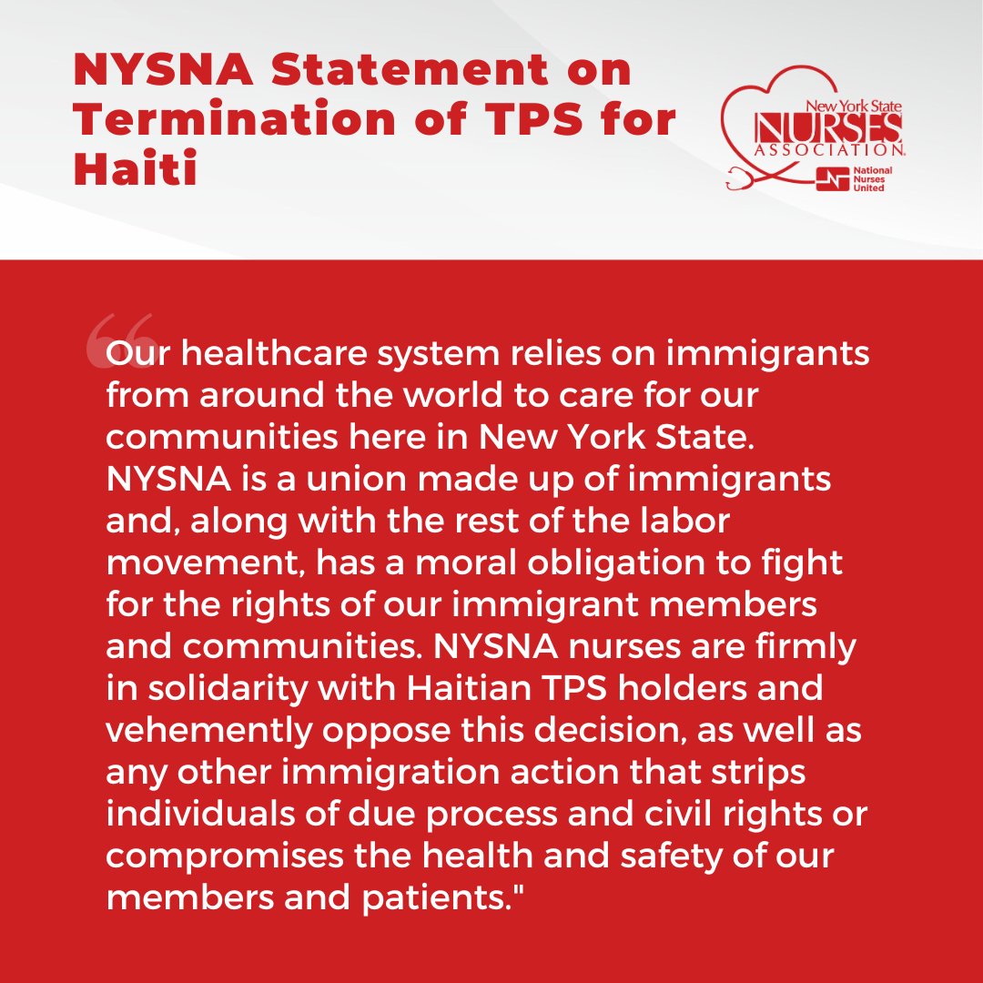nynurses's tweet image. Our healthcare system relies on immigrants from around the world to care for our communities here in New York State. NYSNA nurses are firmly in solidarity with Haitian TPS holders and vehemently oppose this decision. Read our full statement nysna.org/press/nysna-op…