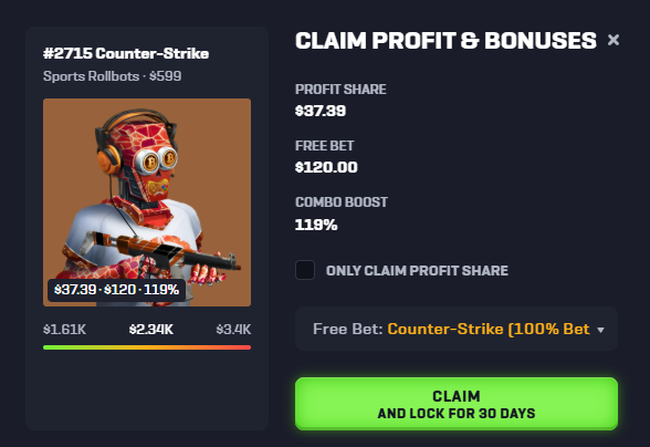 Todays @Rollbit Sports Bot claim 

Profit share: $37.39
Free bet: $120 

Hopefully I can secure a win with this one.. I feel like I've not won any free bets this month as they're mostly on EPL games for the season starting 🙏