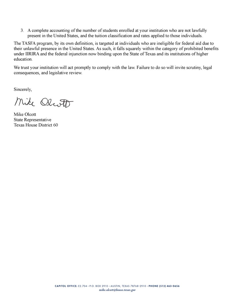olcott4texas's tweet image. My colleagues and I are serious about ending in-state tuition for illegal aliens.
Today, we sent a letter to each of the state's university systems warning them that any efforts to circumvent the court's injunction exposes them to legal consequences.
America First. #txlege