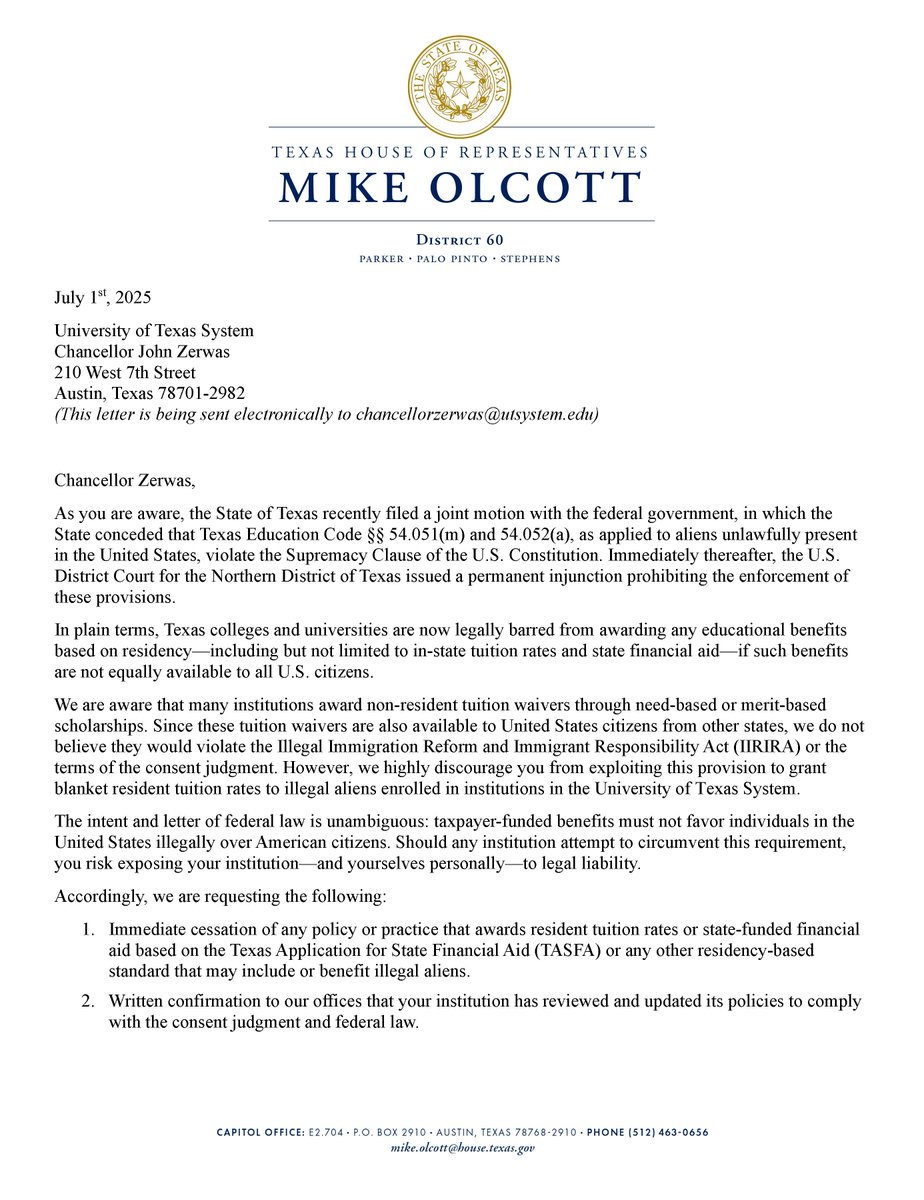 olcott4texas's tweet image. My colleagues and I are serious about ending in-state tuition for illegal aliens.
Today, we sent a letter to each of the state's university systems warning them that any efforts to circumvent the court's injunction exposes them to legal consequences.
America First. #txlege