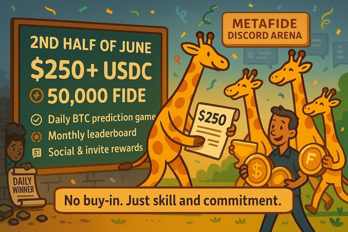 metafide_ai's tweet image. In the 2nd half of June alone, we’ve given away over $250 USDC and 50k FIDE in our Discord — all from free-to-enter competitions. 🎯💸

In July we will be giving out over $400 USDC and 100k $FIDE — only in our Discord!

✅ Daily BTC prediction games
✅ Monthly leaderboards
✅…
