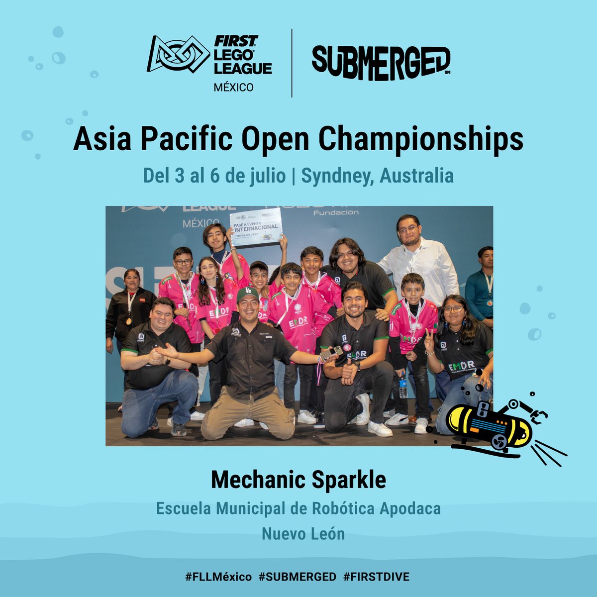 🌊 ¡New Energy y Mechanic Sparkle van con todo al Asia Pacific Open Championships!

Del 3 al 6 de julio, estos increíbles equipos representarán a México en esta gran aventura internacional. ¡Mucho éxito! 🚀💙🤖🌏

#FLLMéxico #AsiaPacificOpen #SUBMERGED #FIRSTLEGOLeague