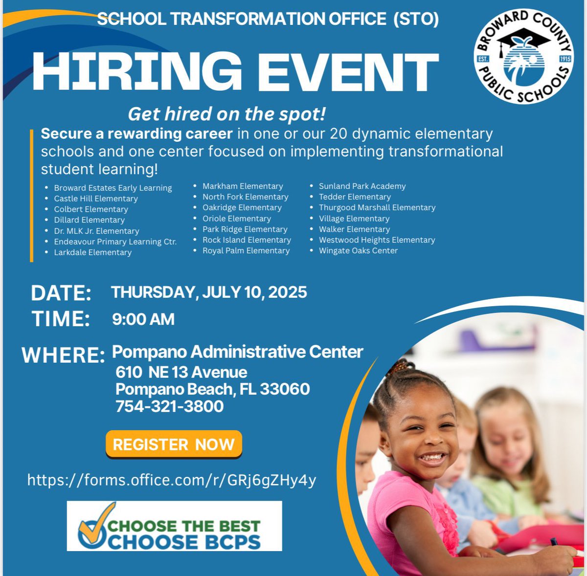 🚨 JOB FAIR ALERT! 🚨
Looking to start or grow your career in education? Don’t miss the STO Hiring Event on Thursday, July 10, 2025 at 9:00 AM at the Pompano Administrative Center! Get hired on the spot!!

Register now: forms.office.com/rGRj6gZHy4y