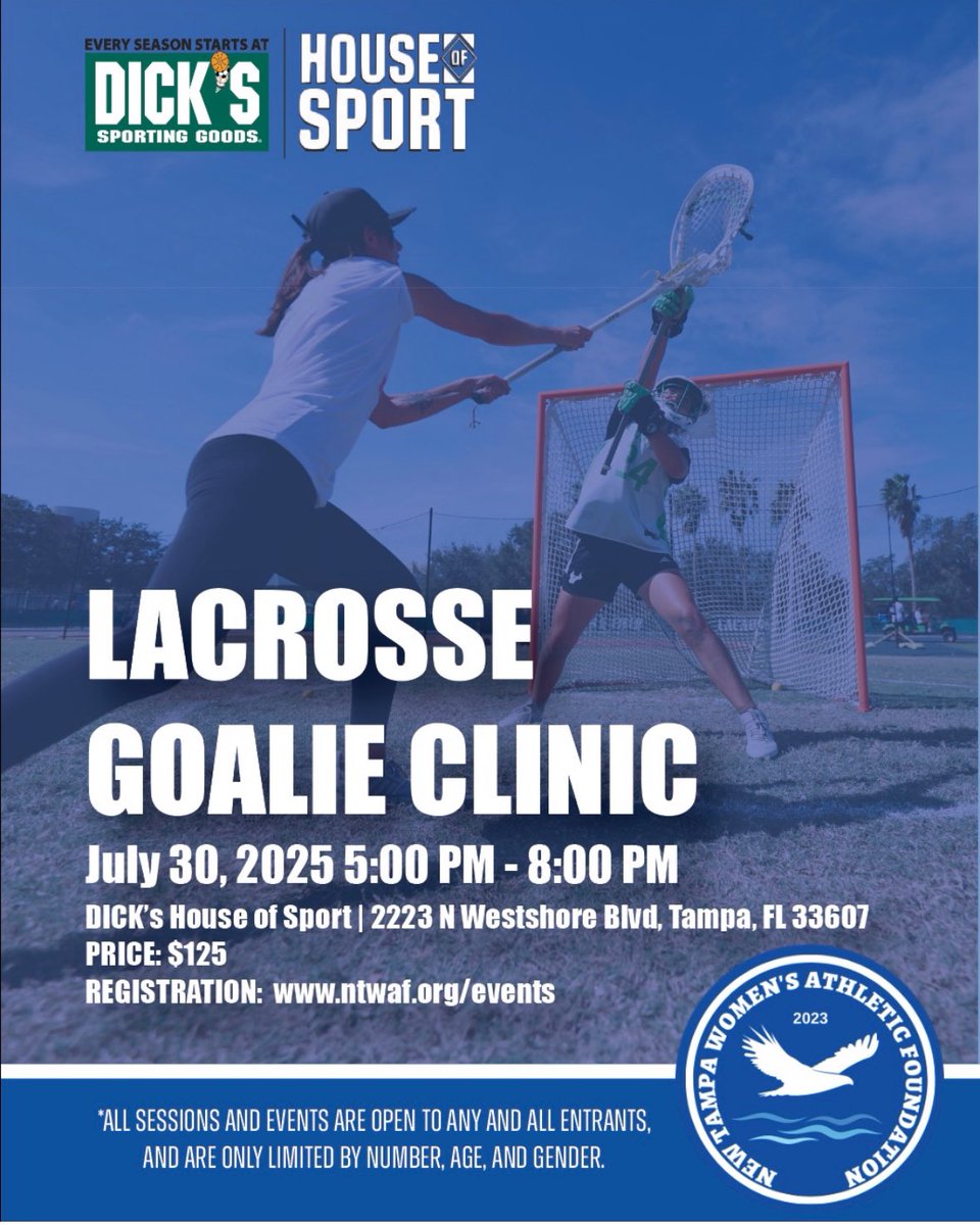 Tampa Lax Report (@tampalaxreport) on Twitter photo New Tampa Women’s Athletic Foundation is hosting a Girls Lacrosse Goalie Clinic on Wednesday July 30th at Dicks Sporting Goods at International Mall
5-8pm all skill levels welcome
Led by USF Goalie Coach
Sharn Muffett
<a href="/FloridaLX/">FloridaLacrosseNews</a>
<a href="/TampaLacrosse/">Tampa Lacrosse</a> New Tampa Women’s Athletic Foundation is hosting a Girls Lacrosse Goalie Clinic on Wednesday July 30th at Dicks Sporting Goods at International Mall
5-8pm all skill levels welcome
Led by USF Goalie Coach
Sharn Muffett
<a href="/FloridaLX/">FloridaLacrosseNews</a>
<a href="/TampaLacrosse/">Tampa Lacrosse</a>